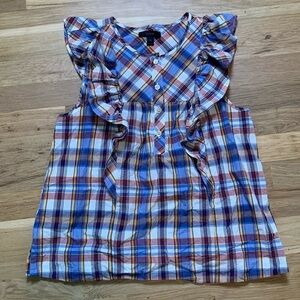J. Crew 3/4 Button Up Plaid Ruffle Sleeveless Blouse Blue/White/Orange Women 00